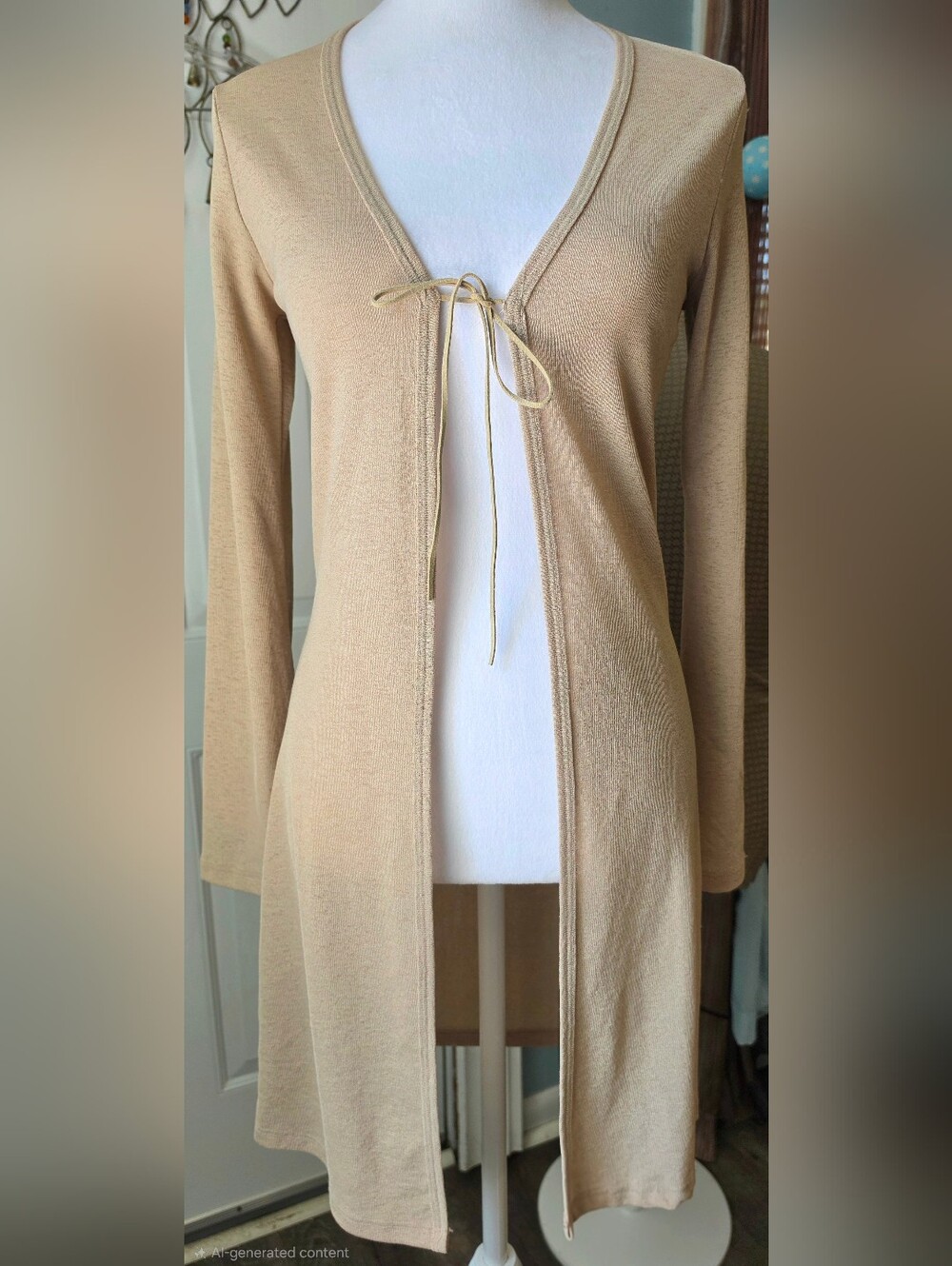 Y2K Vintage Forever 21 Longline Tie-Front Cardigan Womens M Tan Long Bell Sleeve